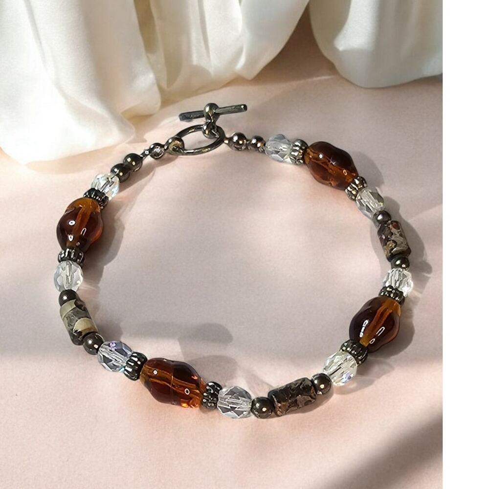 Brown Crystal Beaded Toggle Bracelet Dark Romance Modern Chic